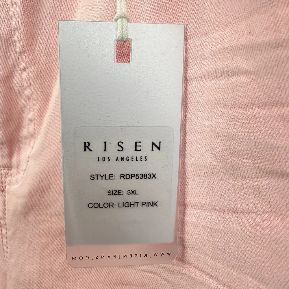NEW Risen Jeans Wide Leg High Rise Fray Hem Stretch Light Pink 3XL Boho